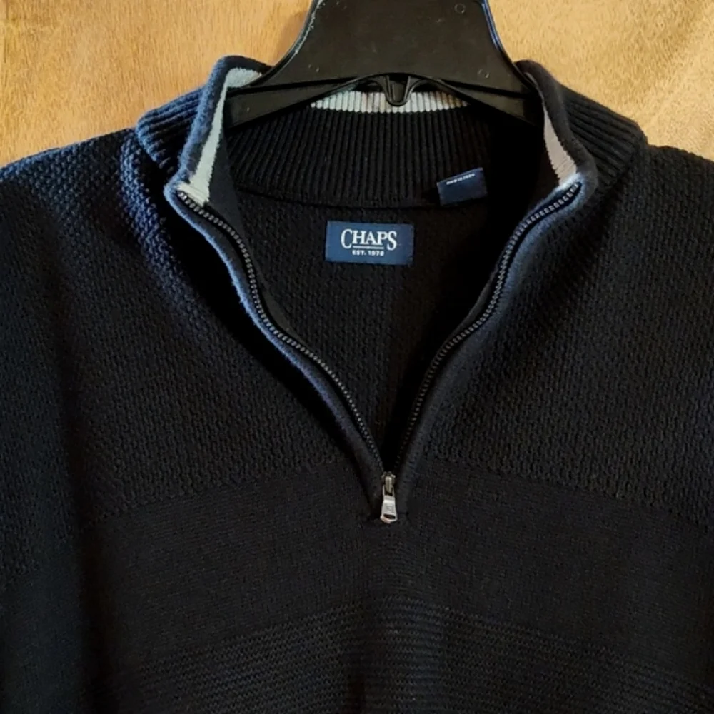 Chaps Mens Pullover Sweater Black Textured Ribbed Quarter Zip 100% Cotton XL